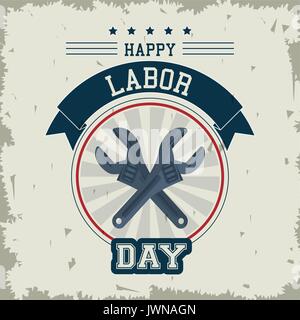 colorful emblem of happy labor day with crossed wrenches Stock Vector