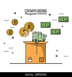 colorful poster of crowd funding management with money deposit in cardboard box Stock Vector