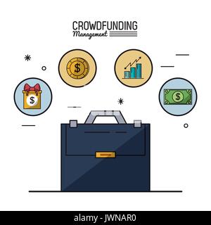 colorful poster of crowd funding management with executive briefcase and icons on top Stock Vector