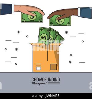 colorful poster of crowd funding management with hands deposit money bills in cardboard box Stock Vector