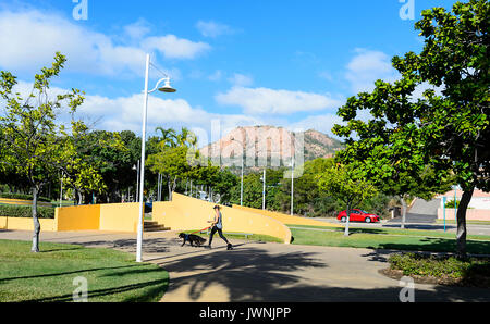 Young woman walking her dog along the Esplanade, The Strand, Townsville, Queensland, QLD, Australia Stock Photo