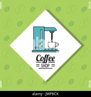 colorful poster of coffee shop with coffee maker in white rhombus and green background