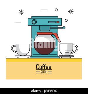colorful poster of coffee shop with coffee maker and two porcelain cups Stock Vector