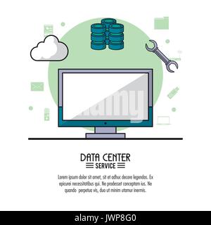 colorful poster of data center service with desktop computer and related icons on top Stock Vector