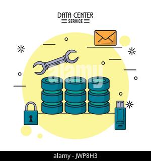 colorful poster of data center service with computer server icon and wrench tool and usb memory and padlock and mail Stock Vector