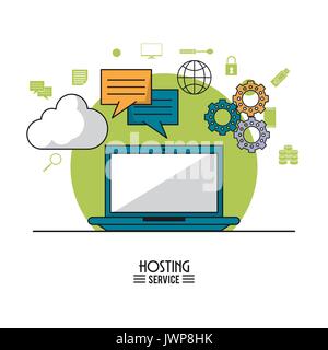 colorful poster of hosting service with laptop computer and icons of cloud service and tools on top Stock Vector