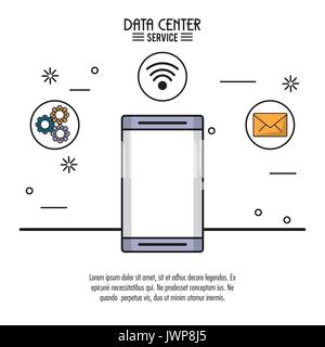 colorful poster of data center service with smartphone and related icons on top Stock Vector