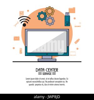 colorful poster of data center service with desktop computer and tools icons on top Stock Vector