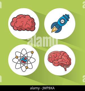 green background with colorful spheres with icons of brain and atom and rocket Stock Vector