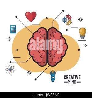 colorful poster of creative mind with the brain top view of its two hemispheres and icons around Stock Vector