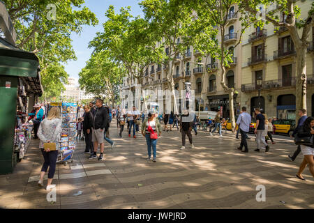 Looking North in towards Placa de Catalunya on Las Ramblas, Barcelona, Spain Stock Photo