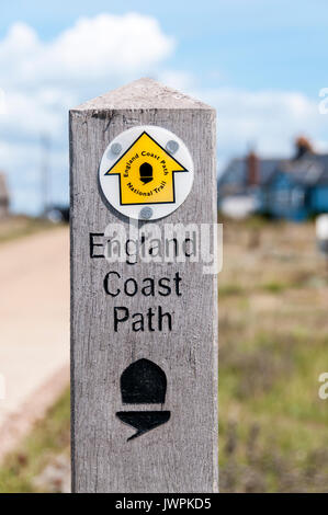 A waymarking sign for the England Coast Path National Trail at Dungeness in Kent Stock Photo