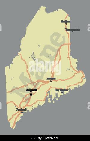 Maine detailed exact detailed vector State Map with Community Assistance and Activates Icons Original pastel yellow Illustration with main roads. Unit Stock Vector