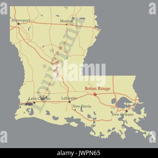 Louisiana accurate vector exact detailed State Map with Community Assistance and Activates Icons Original pastel Illustration. United States of Americ Stock Vector