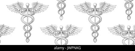 Seamless pattern of Cadeus Medical medecine pharmacy doctor acient symbol. Vector hand drawn black linear tho snakes with wings sword background. Gree Stock Vector