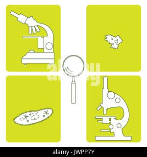 Stylized icons of microscopes, magnifier, amoeba, ciliate-slipper. Magnifying device sign. Laboratory equipment symbol. Stock Vector