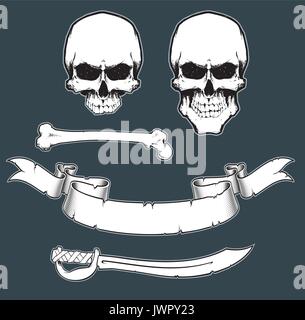 Vector Elements for pirate sign. Skull, Jawless Skall, Bone, Scroll and Sword on separate well defined layers and groups. Each color on Swatches as Gl Stock Vector