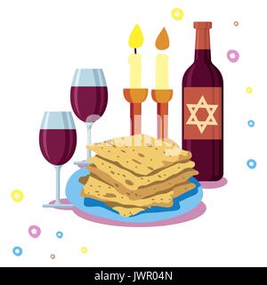 greeting card Shabbat shalom. Candles, cups and matzo. Jewish Holiday. Stock Vector