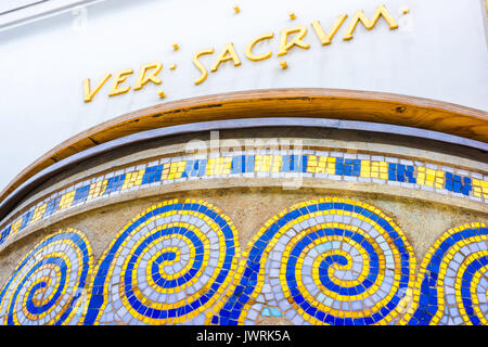 Secession Building Vienna, close-up view of a large mosaic bowl sited near the entrance to the Secession Building in Vienna, Austria. Stock Photo