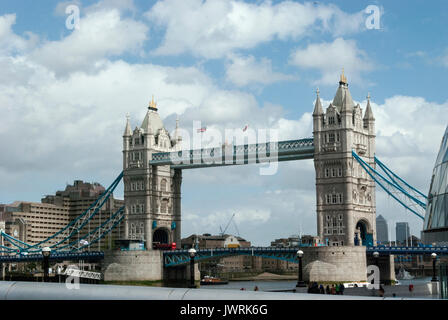 London England,Tower Bridge, Famous Landmark, Tourist Attraction, Suspension Bridge, Tower Bridge Crosses the River Thames, City Hall Mayor of London Stock Photo