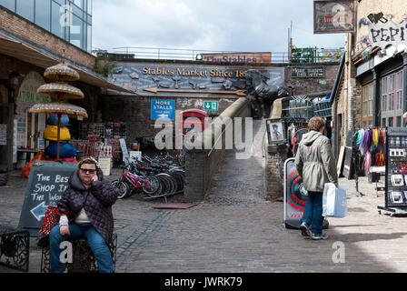 London England, Camden Market, Bronze Horse Statue, Camden Town, Camden Stables, Cobble's, People Shopping, Shopping, Stalls, Merchandise, Products Stock Photo