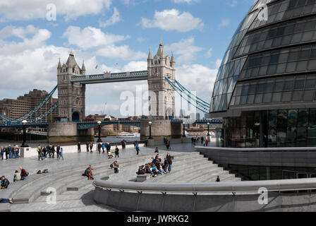 London England,Tower Bridge, Famous Landmark, Tourist Attraction, Suspension Bridge, Tower Bridge Crosses the River Thames, City Hall Mayor of London Stock Photo