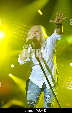 July 16, 2017. Kiev, Ukraine. Bernie Shaw, singer of british hard rock band Uriah Heep, performs at concert in autodrome Chaika, Kiev. Stock Photo