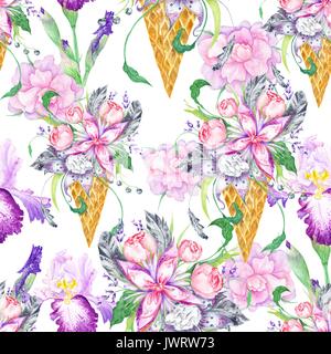 Seamless background with pink peony, lilac and iris flowers and grey feathers on white background Stock Photo