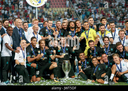 Skopje, FYROM - August 8,2017: Real Madrid celebrate with the trophy after defeating Manchester United 2-1 during the Super Cup final soccer match at  Stock Photo