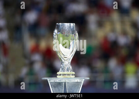 Skopje, FYROM - August 8,2017: Real Madrid celebrate with the trophy after defeating Manchester United 2-1 during the Super Cup final soccer match at  Stock Photo