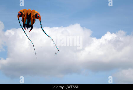 Kites are flown over Southsea Common during the 2017 Portsmouth Kite Festival in Southsea, Hampshire. Stock Photo