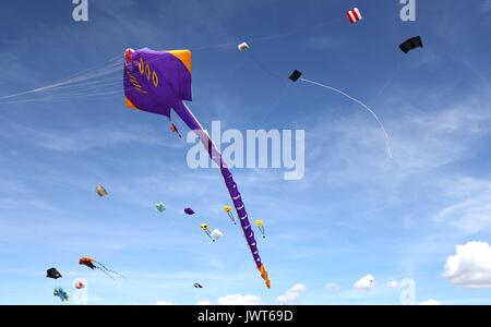 Kites are flown over Southsea Common during the 2017 Portsmouth Kite Festival in Southsea, Hampshire. Stock Photo