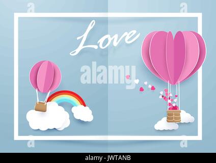 Heart shape balloons flying over clouds and rainbow in white frame background. Valentines day and love concept Stock Vector