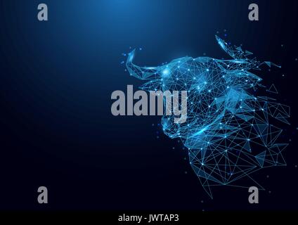 Low polygon Bull head wireframe mesh on blue background Stock Vector