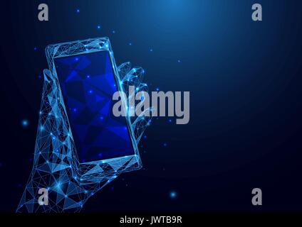 Abstract low polygon a hand holding smartphone wireframe mesh on blue background Stock Vector