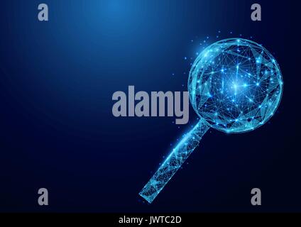 Low polygon Magnifying wireframe mesh on blue background Stock Vector