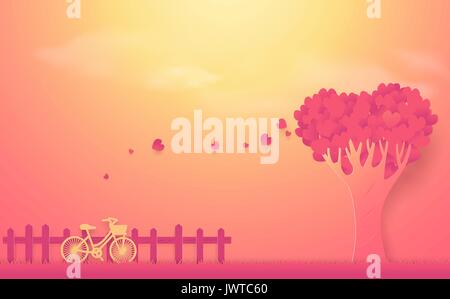 Valentine's day concept. Tree made out of hearts and bike background Stock Vector