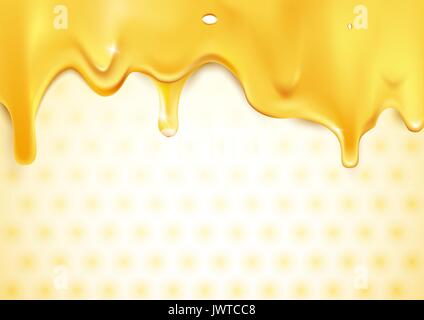 Sweet gold dripping honey on honeycomb background Stock Vector