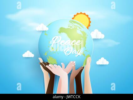 Internationnal Peace Day concept. Hands holding globe over sky background. Paper art and craft style Stock Vector