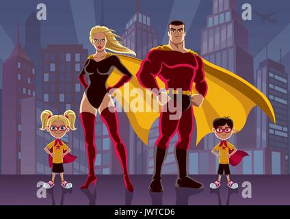 Superhero family posing in front of cityscape at night. Stock Vector