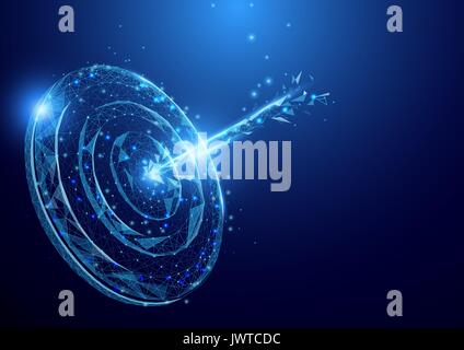 Wireframe Darts board goal target sign mesh from a starry on blue background. Success concept Stock Vector