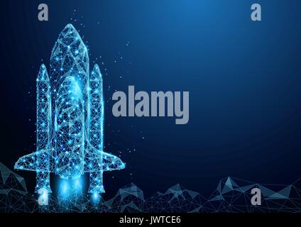 Wireframe space rocket launch sign mesh from a starry and start up concept background Stock Vector
