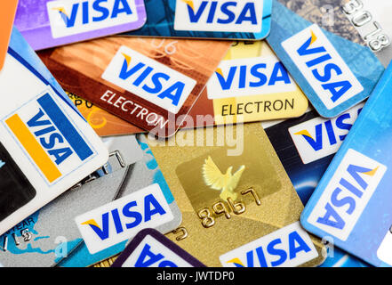 Moscowi, Russia - August 05, 2017: Many of Visa credit cards close up Stock Photo