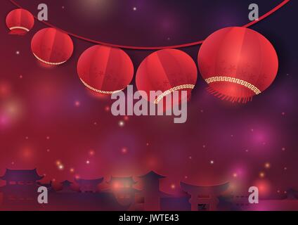 String hanging asian lanterns on the chinese old town Stock Vector