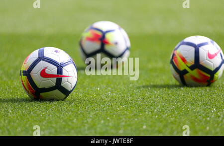 Nike footballs on the pitch prior to the Premier League match at Old Trafford, Manchester. PRESS ASSOCIATION Photo. Picture date: Sunday August 13, 2017. See PA story SOCCER Man Utd. Photo credit should read: Richard Sellers/PA Wire. RESTRICTIONS: No use with unauthorised audio, video, data, fixture lists, club/league logos or 'live' services. Online in-match use limited to 75 images, no video emulation. No use in betting, games or single club/league/player publications. Stock Photo