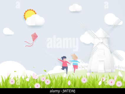 Spring season concept. Boy and girl playing kite with Windmills Stock Vector
