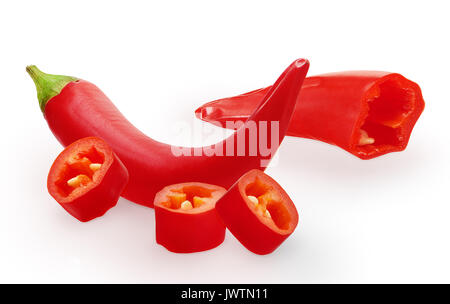 Whole and cut red chili pepper vegetables isolated on white background Stock Photo