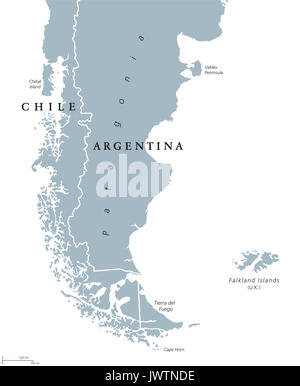 Patagonia political map. The southern end of continent South America, shared by Chile and Argentina. With Falkland Islands. Illustration.