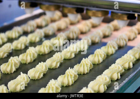 Automated biscuit cookies production process. Conveyor transfers the biscuits from the forming machine to the oven band.Selective focus. Stock Photo