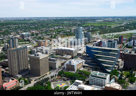 The Calgary Municipal Building and Apartment Buildings in Downtown Calgary with the Bow River Alberta Canada from Calgary Tower Stock Photo